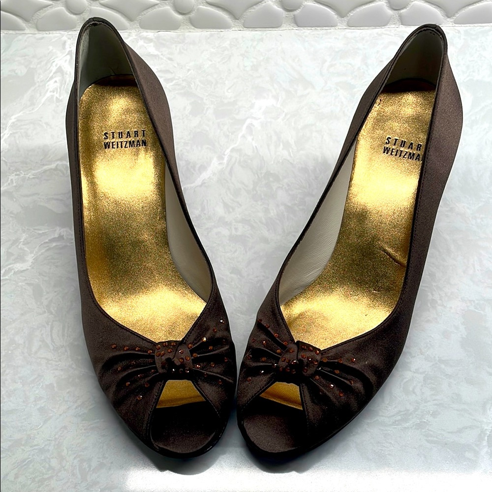 Stuart Weitzman Glotallulah Dark Brown Peep-Toe Heels